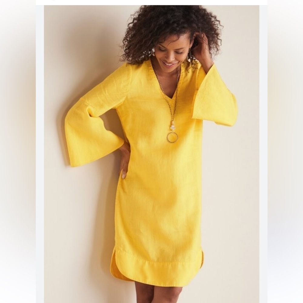 Soft Surroundings Milano 100% Linen Dress Sz MP Yellow Sunstruck Boho Beachy